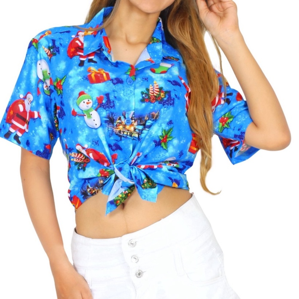 Happy Bay Women's Beach Funny Santa Claus Party Shirt, Xmas Tree/Gifts/Blue,SZ L